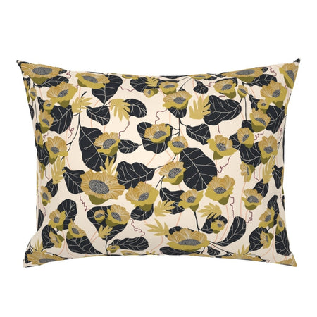 Rosie's Garden mulberry silk pillowcase showing olive gold poppies and dark leaves on a cream ground, Art Nouveau-inspired design