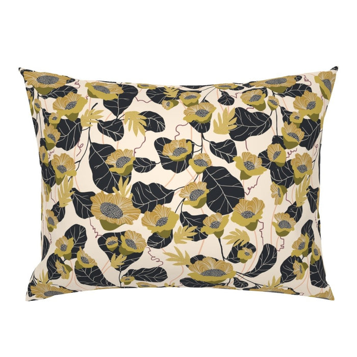 Rosie's Garden mulberry silk pillowcase showing olive gold poppies and dark leaves on a cream ground, Art Nouveau-inspired design