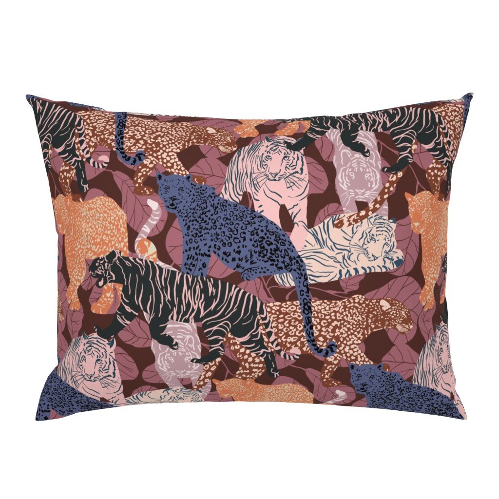 Big Cats mulberry silk pillowcase featuring tigers, leopards and panthers among leaves in burgundy, dusty rose and terracotta