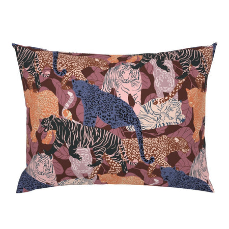 Big Cats mulberry silk pillowcase featuring tigers, leopards and panthers among leaves in burgundy, dusty rose and terracotta