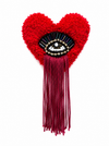 Handmade tufted brooch in vivid red with black evil eye embellishment featuring iridescent bugle bead lashes and deep magenta fringe