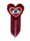 Handmade tufted brooch in deep red with embroidered evil eye centrepiece framed in rhinestones and long burgundy fringe