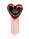 Handmade tufted brooch in fuchsia and blush pink with black centre, crystal evil eye with iridescent bugle bead lashes and long blush fringe