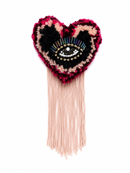 Handmade tufted brooch in fuchsia and blush pink with black centre, crystal evil eye with iridescent bugle bead lashes and long blush fringe
