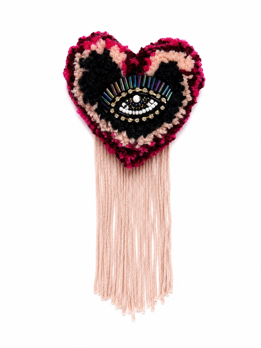 Handmade tufted brooch in fuchsia and blush pink with black centre, crystal evil eye with iridescent bugle bead lashes and long blush fringe