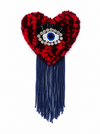 Handmade tufted brooch in deep crimson red with crystal bead evil eye embellishment and navy fringe