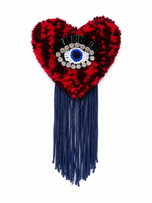 Handmade tufted brooch in deep crimson red with crystal bead evil eye embellishment and navy fringe