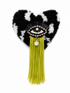 Handmade tufted brooch in black and white with beaded evil eye embellishment, chartreuse green fringe and pearl drop charm