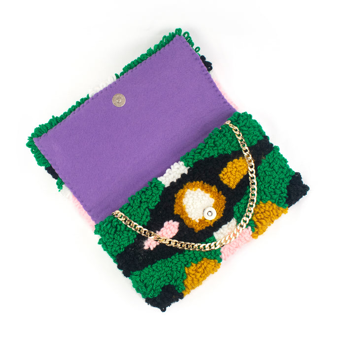 Green Eyes hand tufted clutch purse, Extra Chunky