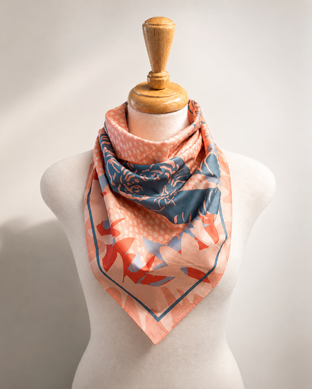 Mannequin wearing a pink floral scarf with a blue border on a plain background