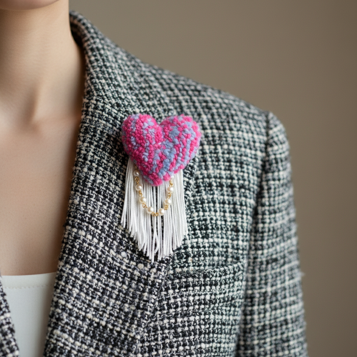 Broche touffetée faite main, rose et perle