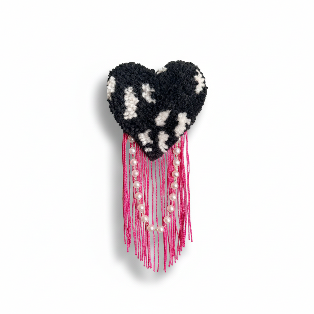 Black & White Abstract Heart Brooch with Hot Pink Fringe & Pearl Chains — White Background