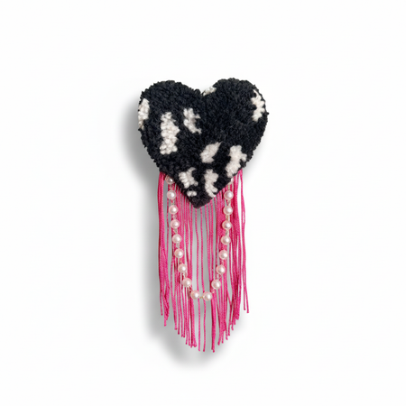Black & White Abstract Heart Brooch with Hot Pink Fringe & Pearl Chains — White Background