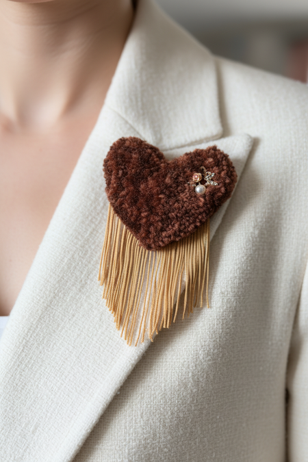 Brown tufted heart brooch on cream wool jacket lapel