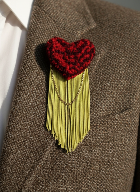 Burgundy Heart Brooch with Natural Fringe on Tweed Jacket