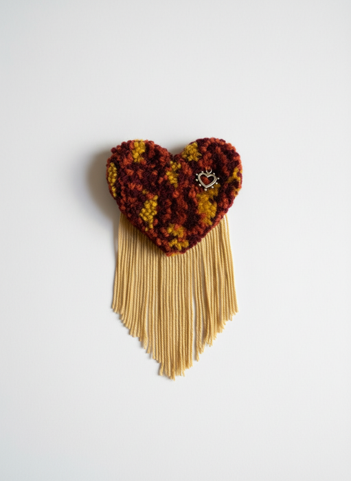 Burgundy leopard print heart brooch with gold silky fringe