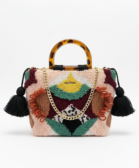 Clean minimal product photo of textured purse