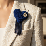 Cobalt Heart Brooch on Tweed Blazer