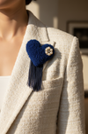 Cobalt Heart Brooch on Tweed Blazer