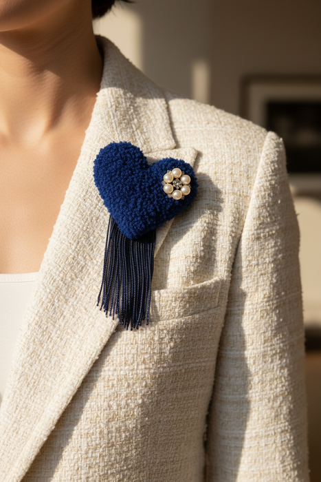 Cobalt Heart Brooch on Tweed Blazer