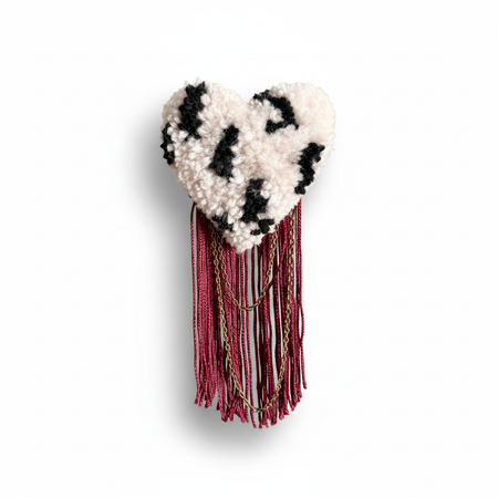 Cream & Black Graphic Heart Brooch with Burgundy Fringe & Gold Chain — White Background