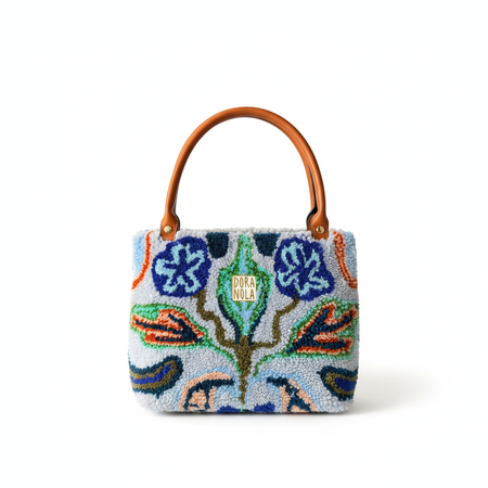 Dora Nola Botanical Floral Hand-Tufted Bag with Leather Handles — White Background