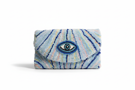 Dora Nola Evil Eye Beaded Tufted Clutch with Line Texture — White Background