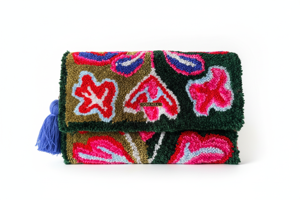 Dora Nola Folk Art Floral Tufted Clutch — White Background