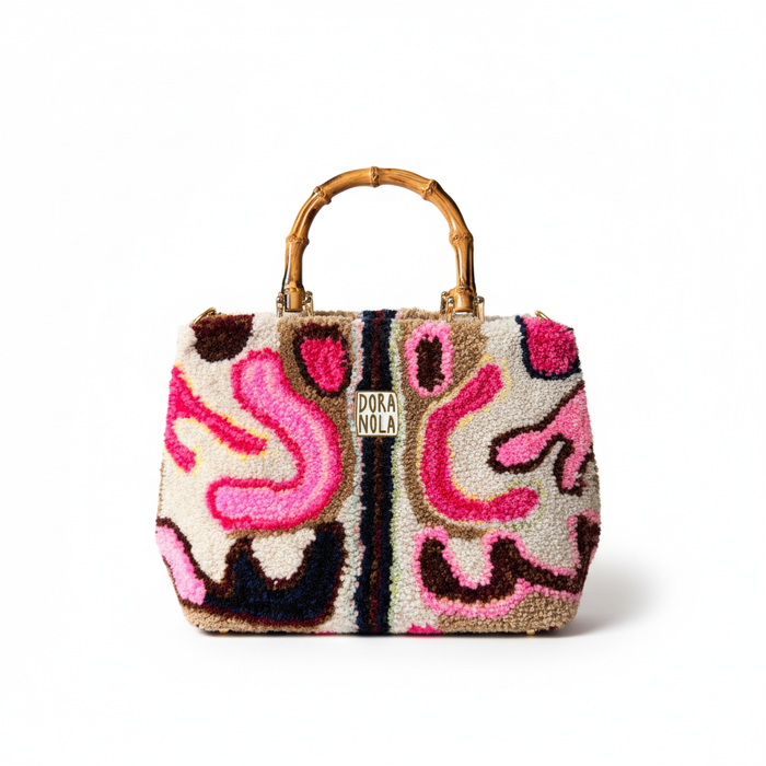 Dora Nola Hand-Tufted Carpet Bag with Bamboo Handle — White Background