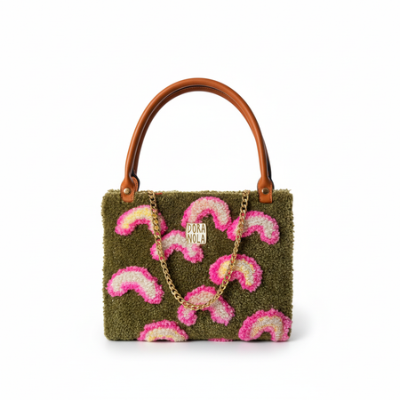 Dora Nola Olive Green & Pink Swirl Hand-Tufted Bag with Leather Handles & Gold Chain — White Background