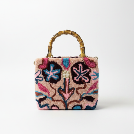 Dora Nola Pink Tufted Bamboo Handle Bag - White Background