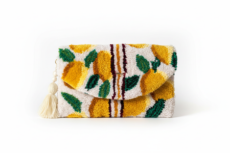 Dora Nola Provençal Lemon Tufted Clutch with Cream Tassel — White Background