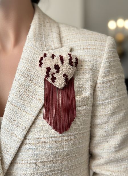 Editorial photo of model wearing polka dot brooch on cream tweed blazer