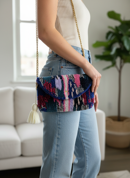 Editorial style photo with model wearing clutch