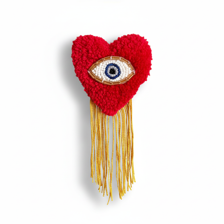 Evil Eye Heart Brooch with Yellow Fringe — White Background