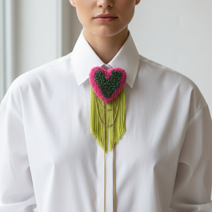 Broche touffetée faite à la main, rose et verte