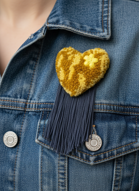 Golden Heart Brooch on Denim Jacket
