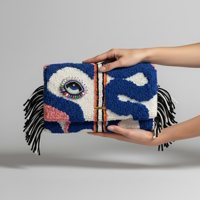 Hands holding oversized clutch - larger scale