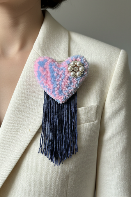 Pink and blue tufted heart brooch on cream blazer