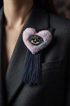 Pink & Blue Evil Eye Brooch — Close-Up Editorial on Model