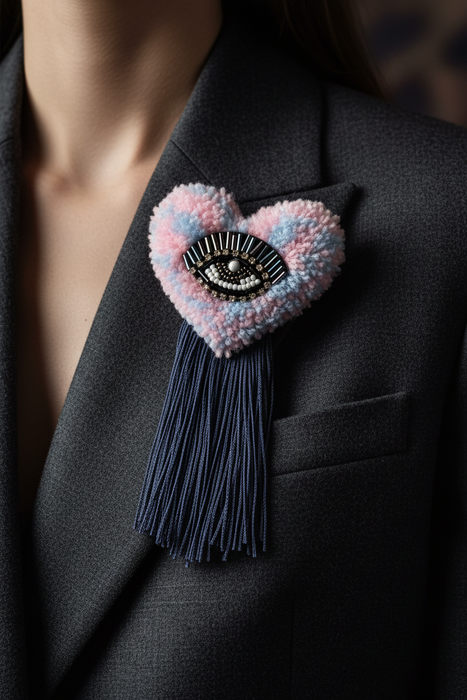 Pink & Blue Evil Eye Brooch — Close-Up Editorial on Model