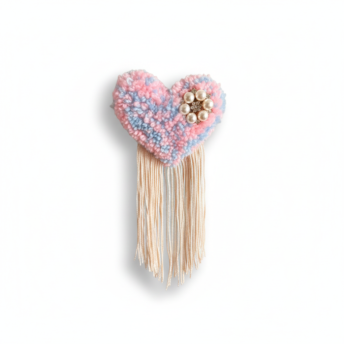 Pink & Blue Heart Brooch with Pearl Cluster & Cream Fringe — White Background