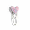 Pink & Blue Striped Heart Brooch with Silver Chain Detail — White Background