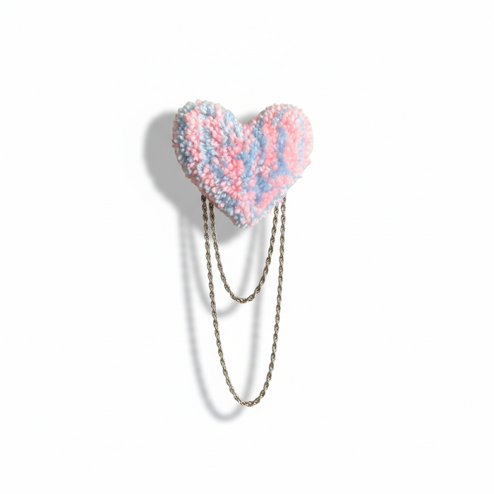 Pink & Blue Striped Heart Brooch with Silver Chain Detail — White Background