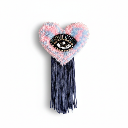 Pink & Blue Two-Tone Evil Eye Heart Brooch — White Background