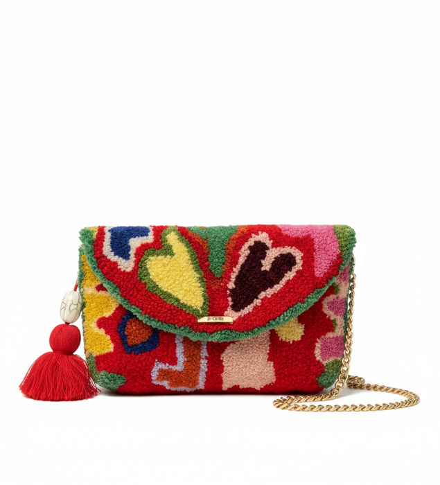 Professional product photo of hand-tufted bag