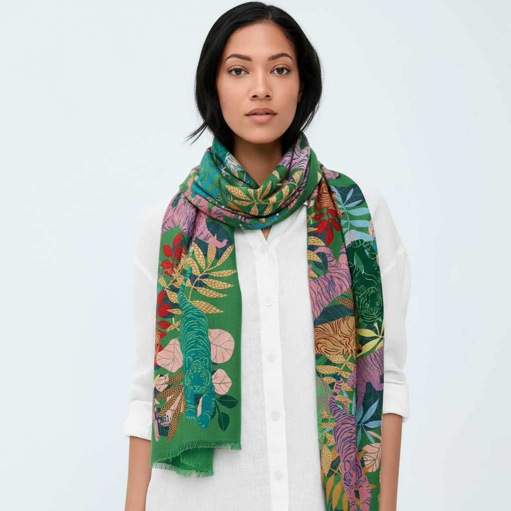 Professional studio photo of model wearing Tigress green fringe shawl