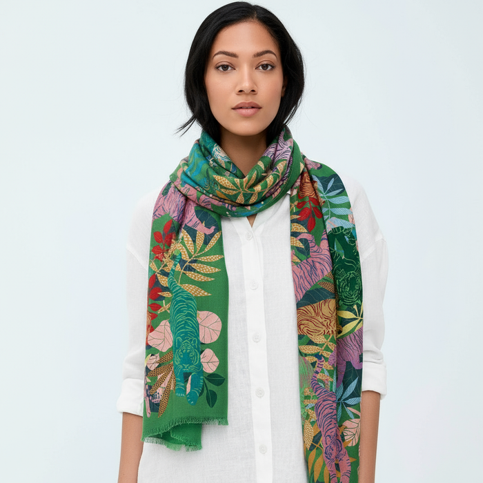 Professional studio photo of model wearing Tigress green fringe shawl