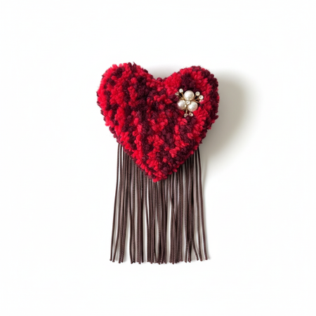Red and burgundy tufted heart brooch with dark brown fringe - single