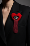 Red Heart Evil Eye Brooch on Moody Outfit